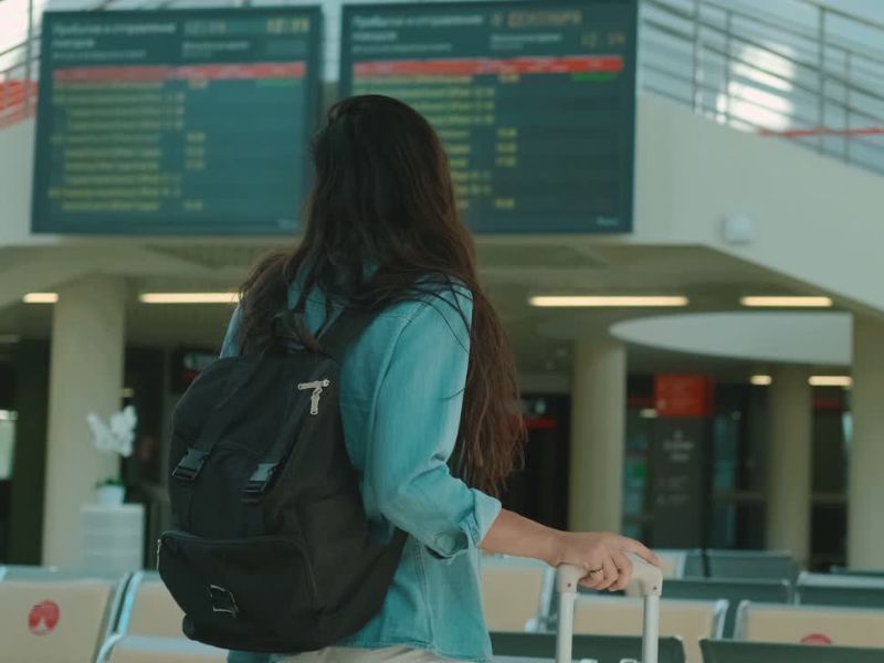 devojka stoji na aerodromu sa koferom u ruci i gleda na ekranu kada joj je let